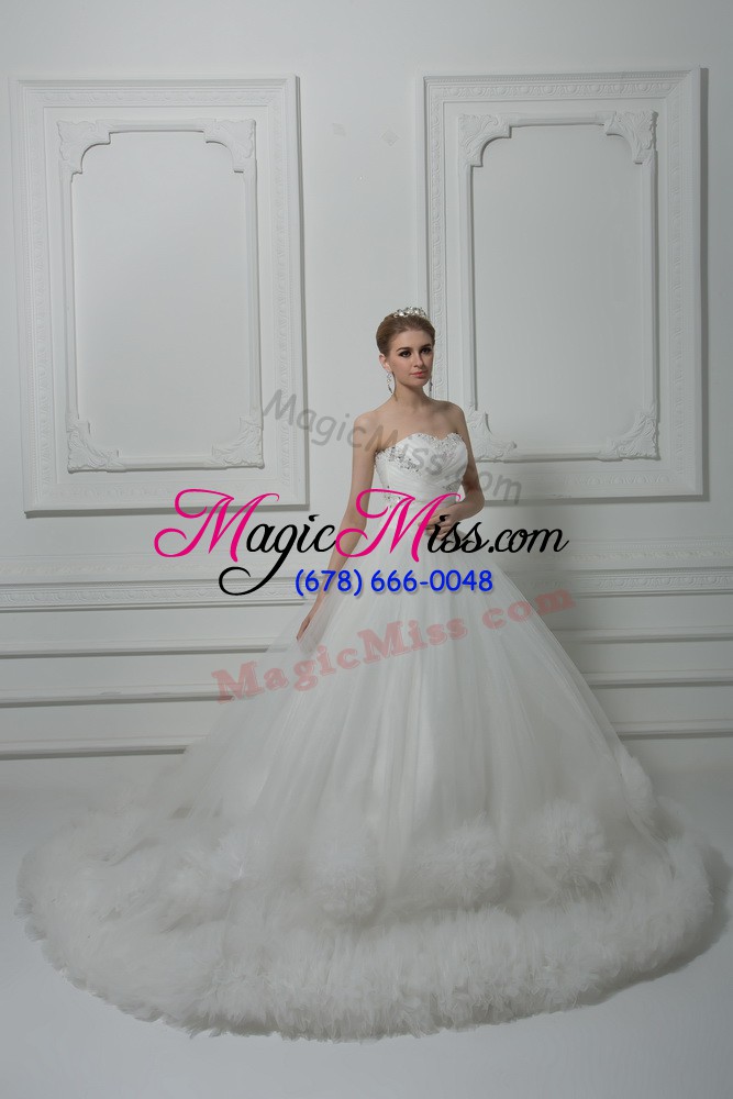 wholesale latest white lace up wedding gown beading and hand made flower sleeveless court train