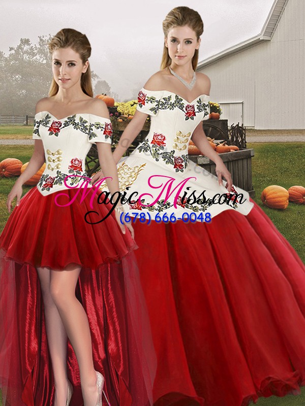 wholesale white and red organza lace up sweet 16 dress sleeveless floor length embroidery