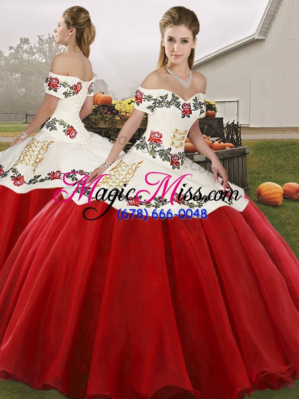 wholesale white and red organza lace up sweet 16 dress sleeveless floor length embroidery