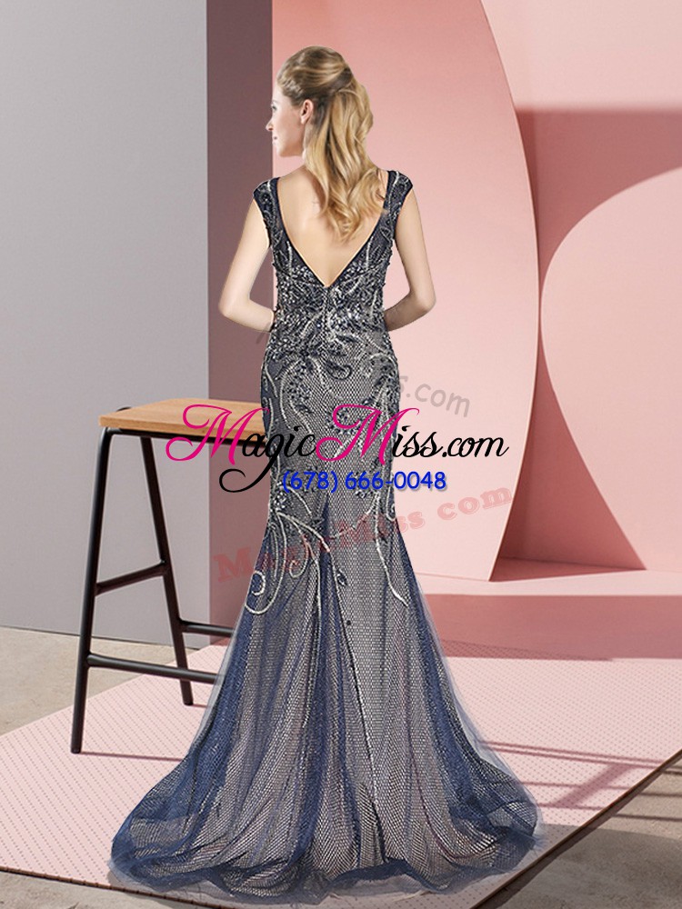wholesale tulle v-neck sleeveless sweep train zipper beading prom gown in dark purple