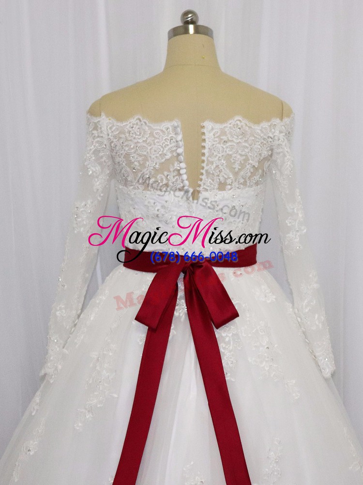 wholesale white ball gowns beading and lace and belt wedding dresses clasp handle tulle long sleeves