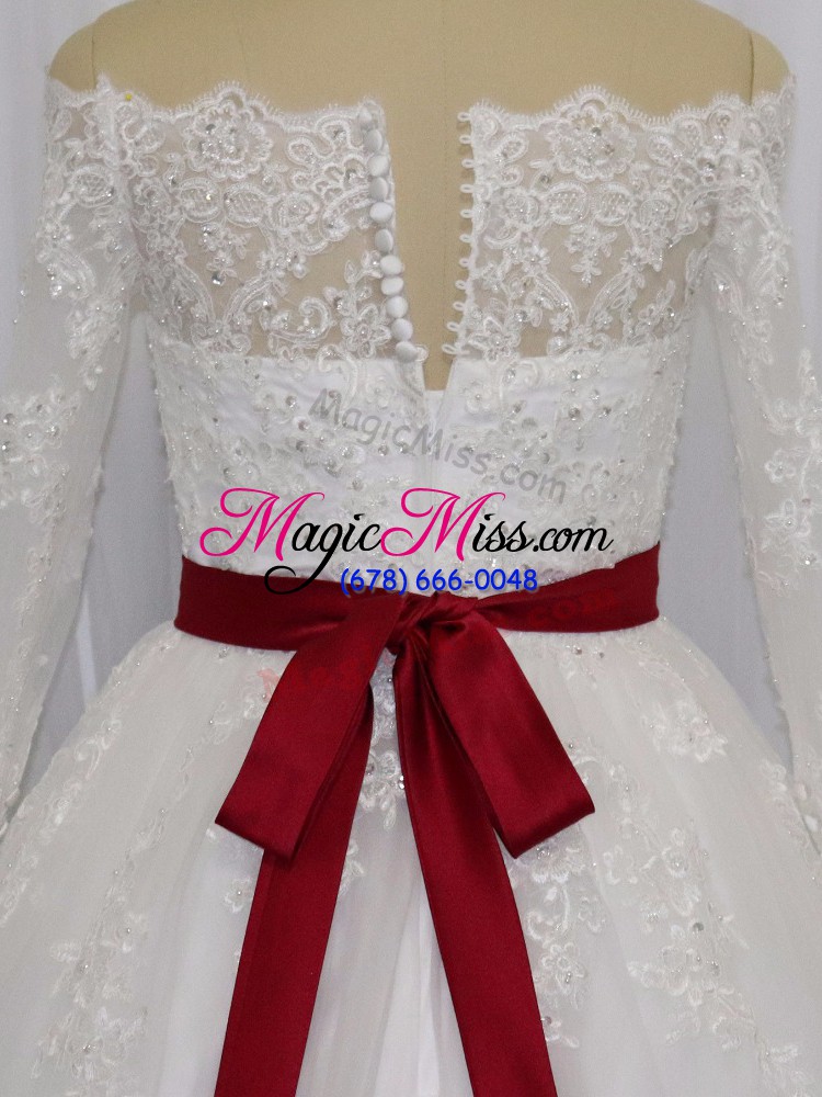 wholesale white ball gowns beading and lace and belt wedding dresses clasp handle tulle long sleeves