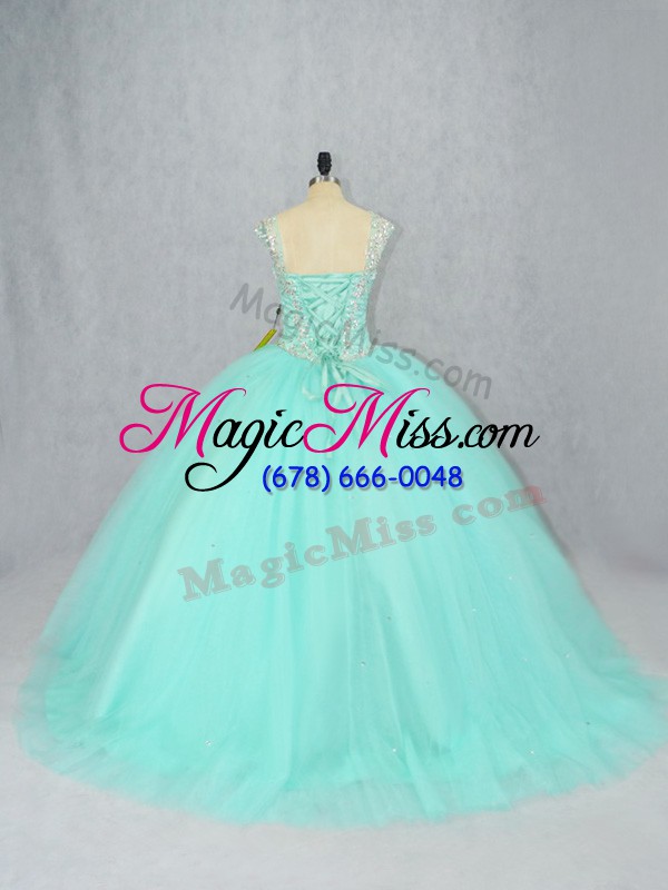 wholesale exquisite apple green straps lace up beading ball gown prom dress brush train cap sleeves