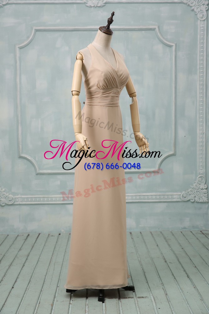wholesale traditional champagne column/sheath ruching prom evening gown backless chiffon sleeveless floor length