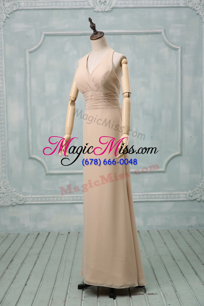 wholesale traditional champagne column/sheath ruching prom evening gown backless chiffon sleeveless floor length