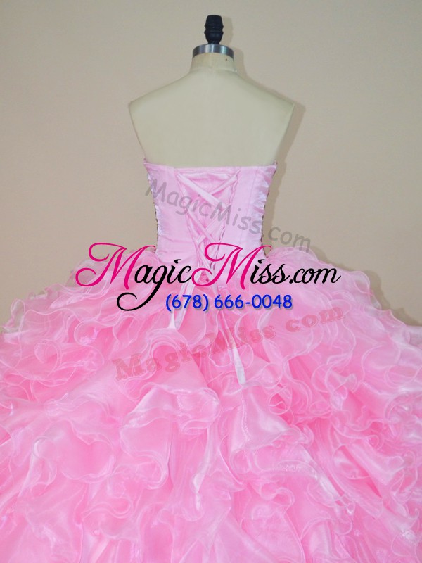 wholesale captivating sweetheart sleeveless sweet 16 dresses floor length beading and ruffles baby pink organza