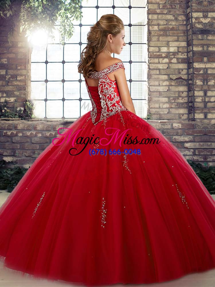 wholesale beautiful fuchsia sleeveless tulle lace up quince ball gowns for military ball and sweet 16 and quinceanera