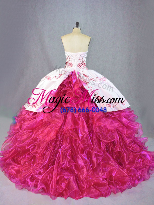 wholesale unique hot pink 15 quinceanera dress sweet 16 and quinceanera with beading and embroidery and ruffles sweetheart sleeveless brush train lace up