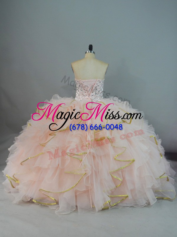 wholesale simple peach organza lace up quinceanera gown sleeveless floor length beading and ruffles