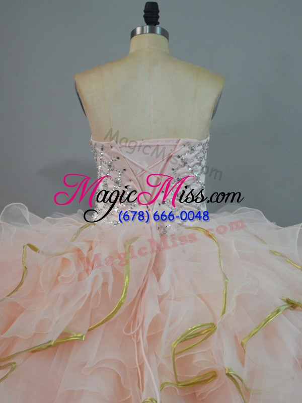 wholesale simple peach organza lace up quinceanera gown sleeveless floor length beading and ruffles