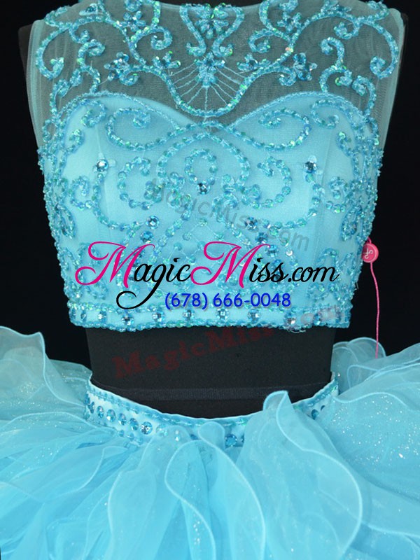 wholesale customized scoop sleeveless quince ball gowns floor length beading and ruffles aqua blue organza