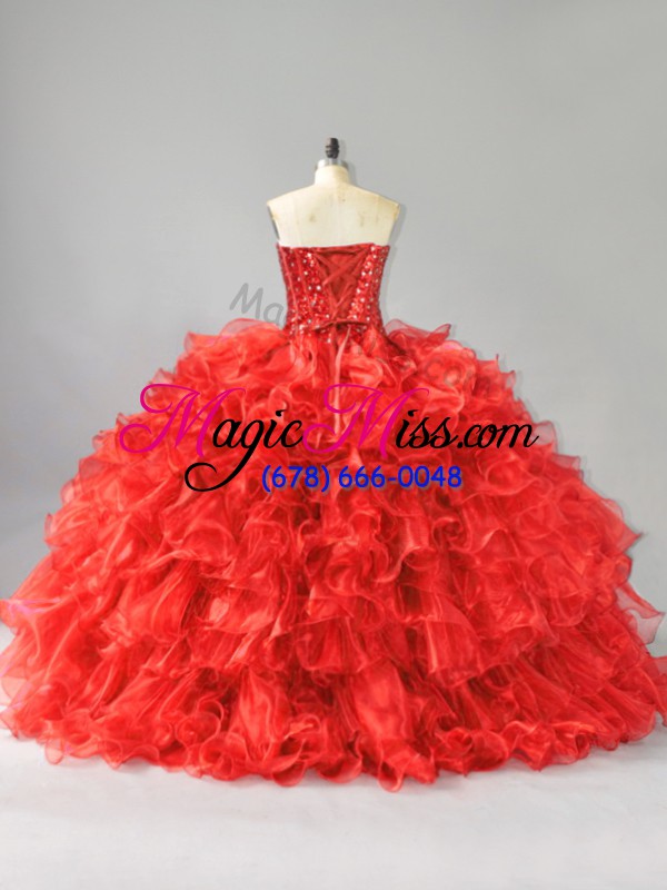 wholesale modest red organza lace up sweetheart sleeveless floor length 15 quinceanera dress beading and ruffles and sequins