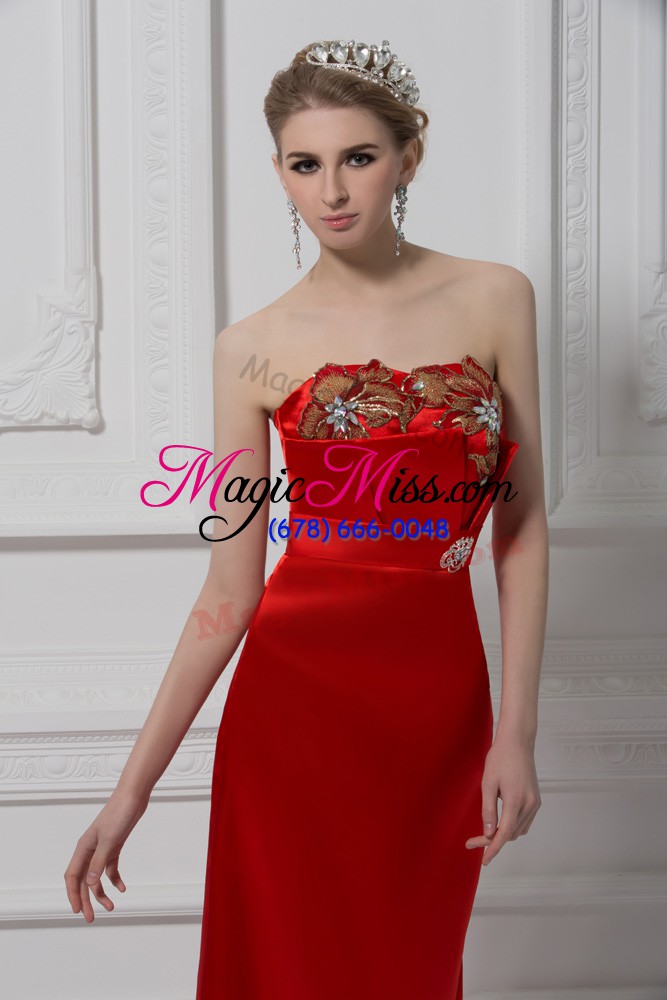 wholesale red column/sheath satin sweetheart sleeveless beading and appliques ankle length lace up prom evening gown