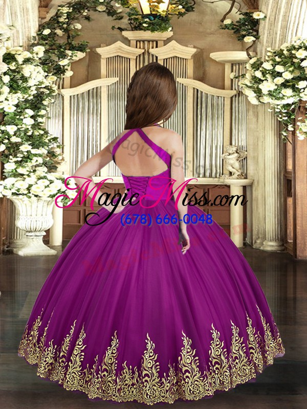 wholesale graceful sleeveless tulle floor length lace up little girls pageant gowns in burgundy with embroidery