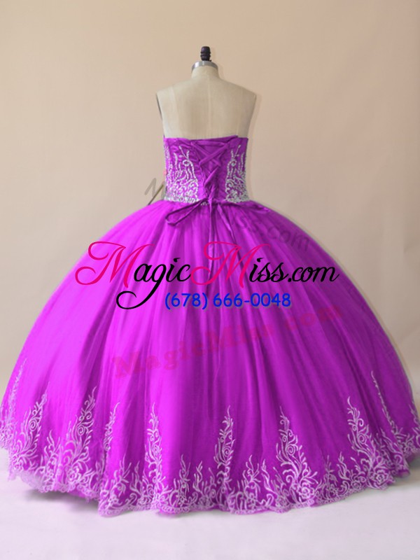 wholesale purple tulle lace up sweetheart sleeveless floor length quinceanera gowns embroidery