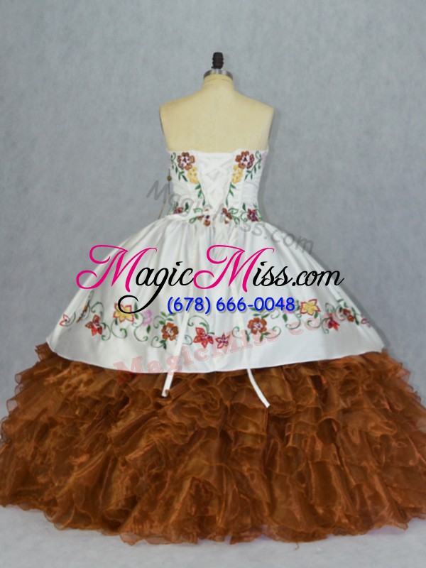 wholesale customized brown lace up quince ball gowns embroidery and ruffles sleeveless floor length
