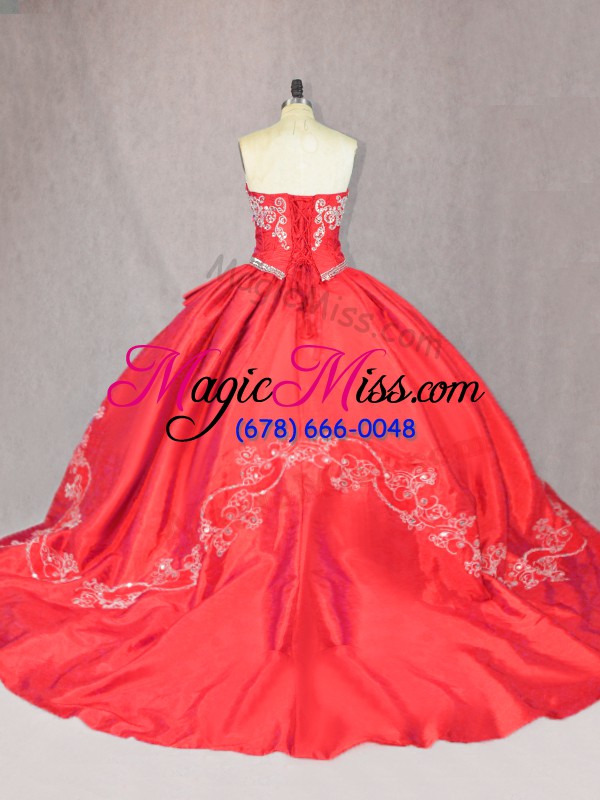 wholesale floor length lace up ball gown prom dress red for sweet 16 and quinceanera with embroidery court train