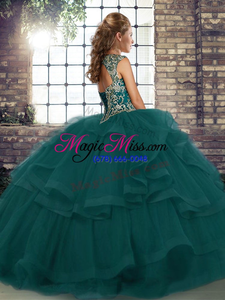 wholesale excellent green straps neckline beading and ruffles ball gown prom dress sleeveless lace up