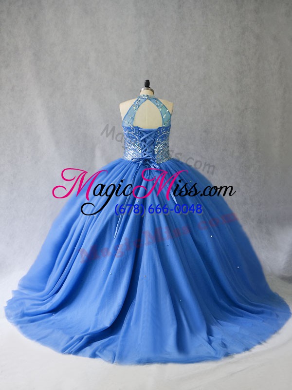 wholesale blue tulle lace up halter top sleeveless 15th birthday dress brush train beading