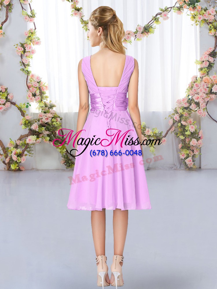 wholesale gorgeous lilac empire v-neck sleeveless chiffon knee length lace up hand made flower wedding guest dresses