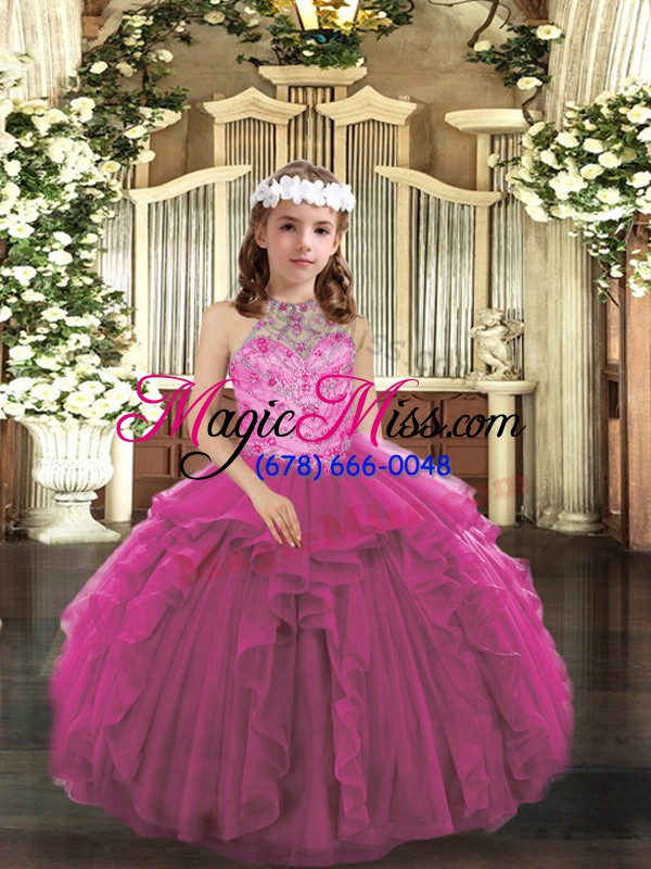 wholesale exquisite fuchsia lace up halter top beading and ruffles pageant dresses tulle sleeveless