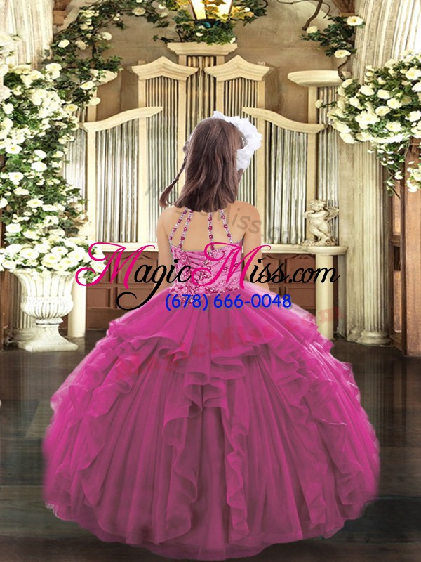 wholesale exquisite fuchsia lace up halter top beading and ruffles pageant dresses tulle sleeveless