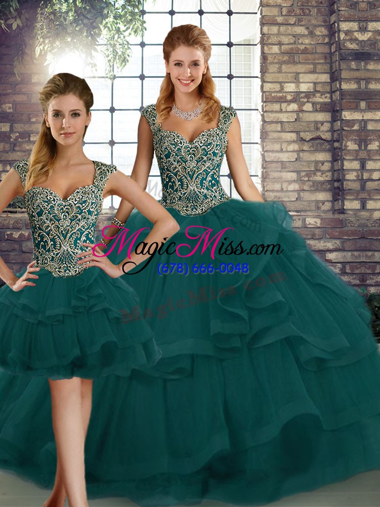 wholesale fantastic peacock green quinceanera dresses military ball and sweet 16 and quinceanera with beading and ruffles straps sleeveless lace up