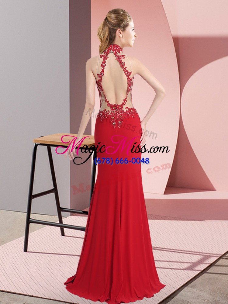 wholesale sexy fuchsia column/sheath halter top sleeveless chiffon floor length backless lace and appliques prom dresses