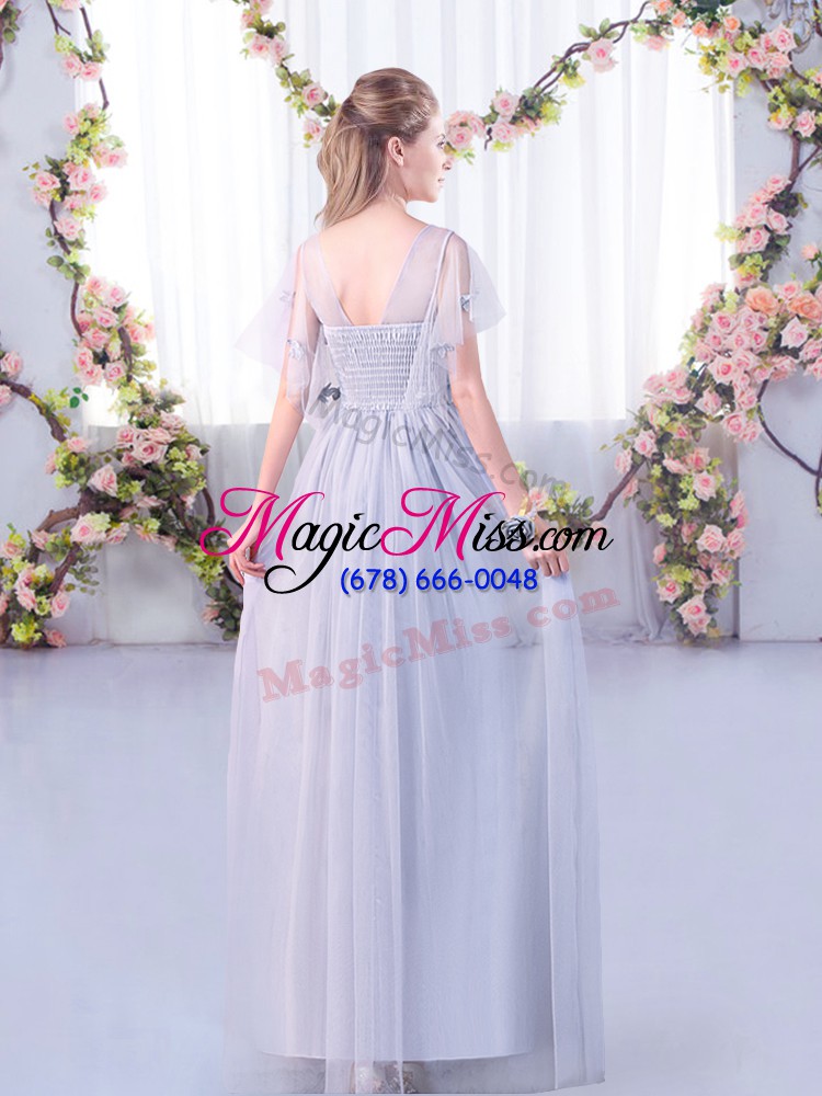 wholesale tulle short sleeves floor length bridesmaids dress and lace and belt