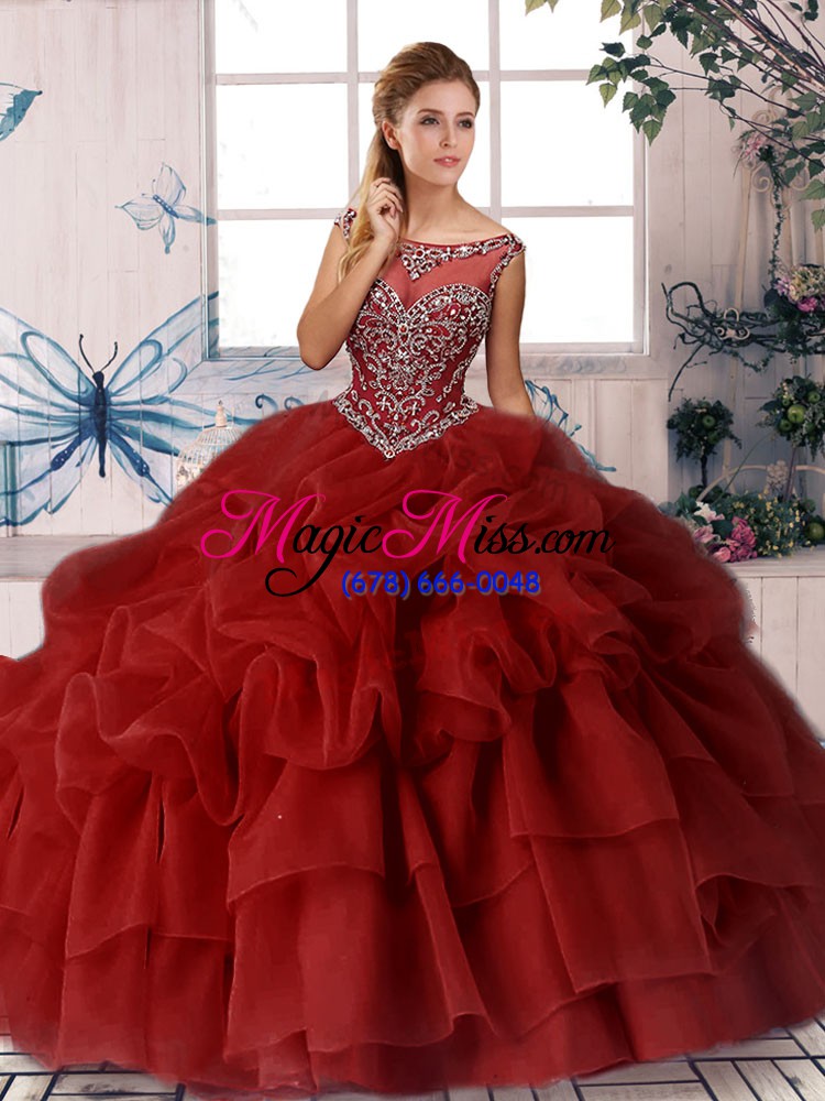 wholesale organza scoop sleeveless brush train zipper beading and pick ups quince ball gowns in wine red