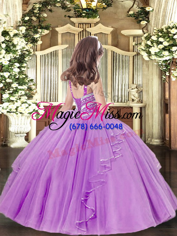 wholesale pink ball gowns tulle straps sleeveless beading and ruffles floor length lace up little girls pageant dress
