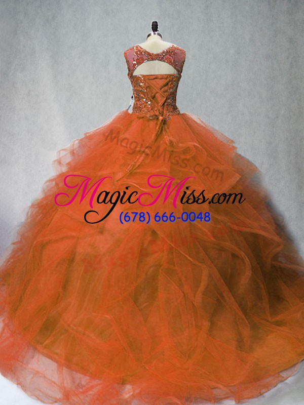 wholesale sumptuous rust red lace up beading and ruffles quince ball gowns brush train sleeveless