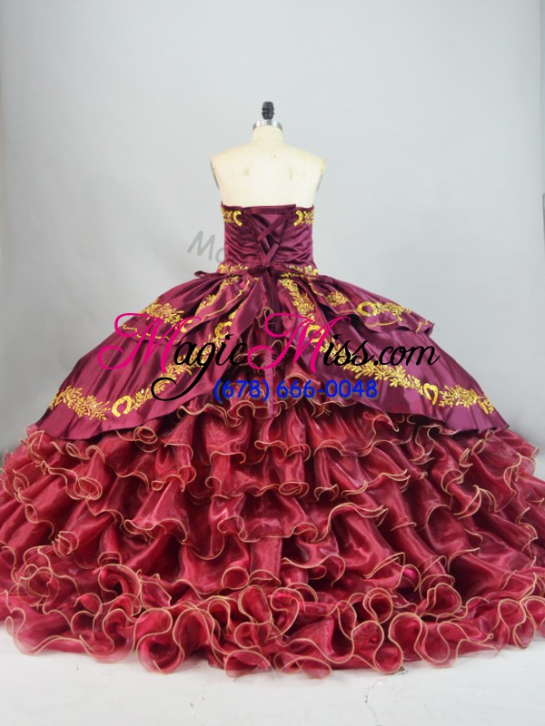 wholesale embroidery and ruffled layers quince ball gowns burgundy lace up sleeveless brush train