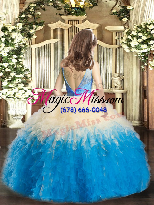 wholesale elegant multi-color tulle backless scoop sleeveless floor length little girls pageant dress ruffles