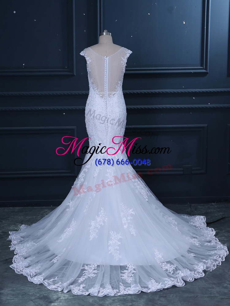 wholesale top selling white mermaid tulle v-neck sleeveless beading and lace clasp handle wedding gowns brush train