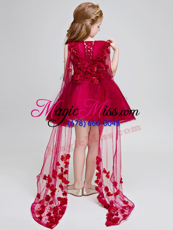 wholesale fitting wine red sleeveless hand made flower lace up flower girl dresses