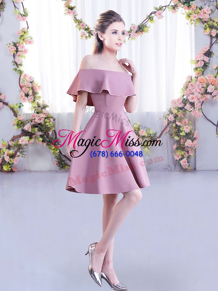 wholesale charming pink chiffon zipper off the shoulder short sleeves mini length dama dress for quinceanera ruching