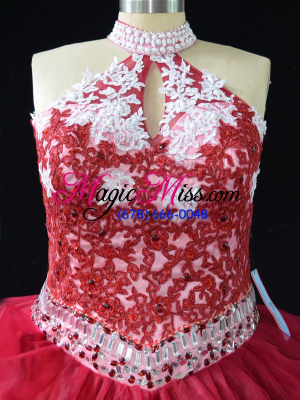 wholesale shining beading and lace sweet 16 quinceanera dress red backless sleeveless floor length
