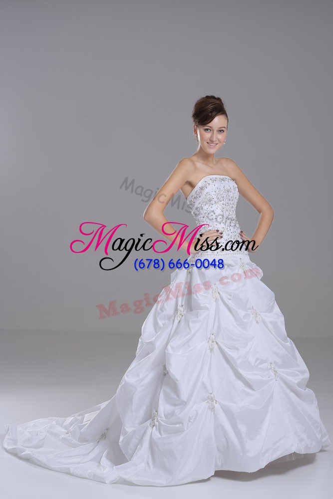 wholesale dazzling white wedding gowns wedding party with beading and pick ups strapless sleeveless brush train lace up