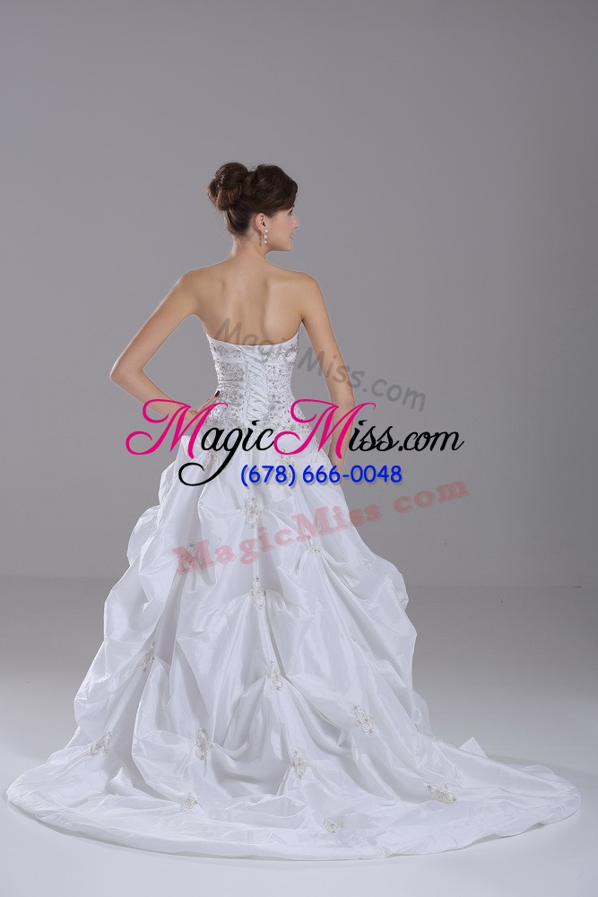 wholesale dazzling white wedding gowns wedding party with beading and pick ups strapless sleeveless brush train lace up