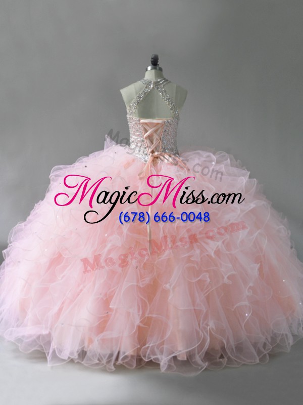 wholesale custom made pink ball gowns halter top sleeveless tulle floor length lace up beading and ruffles quinceanera dress