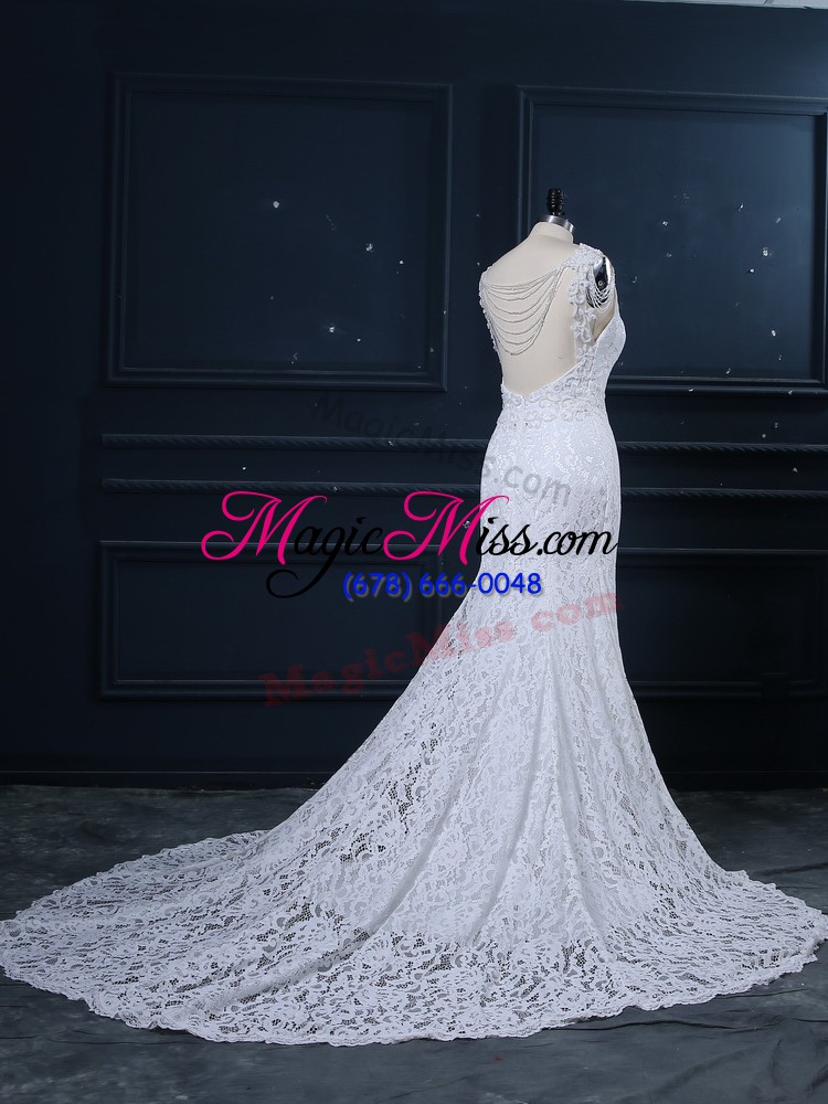 wholesale chic white mermaid scoop sleeveless lace brush train backless lace bridal gown