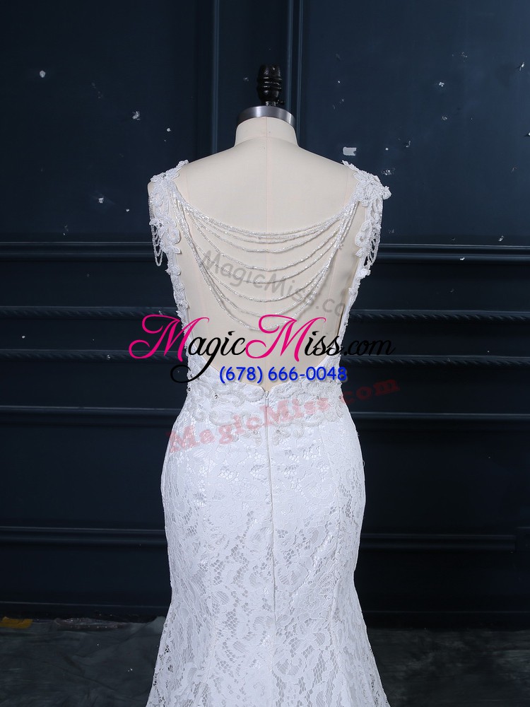 wholesale chic white mermaid scoop sleeveless lace brush train backless lace bridal gown