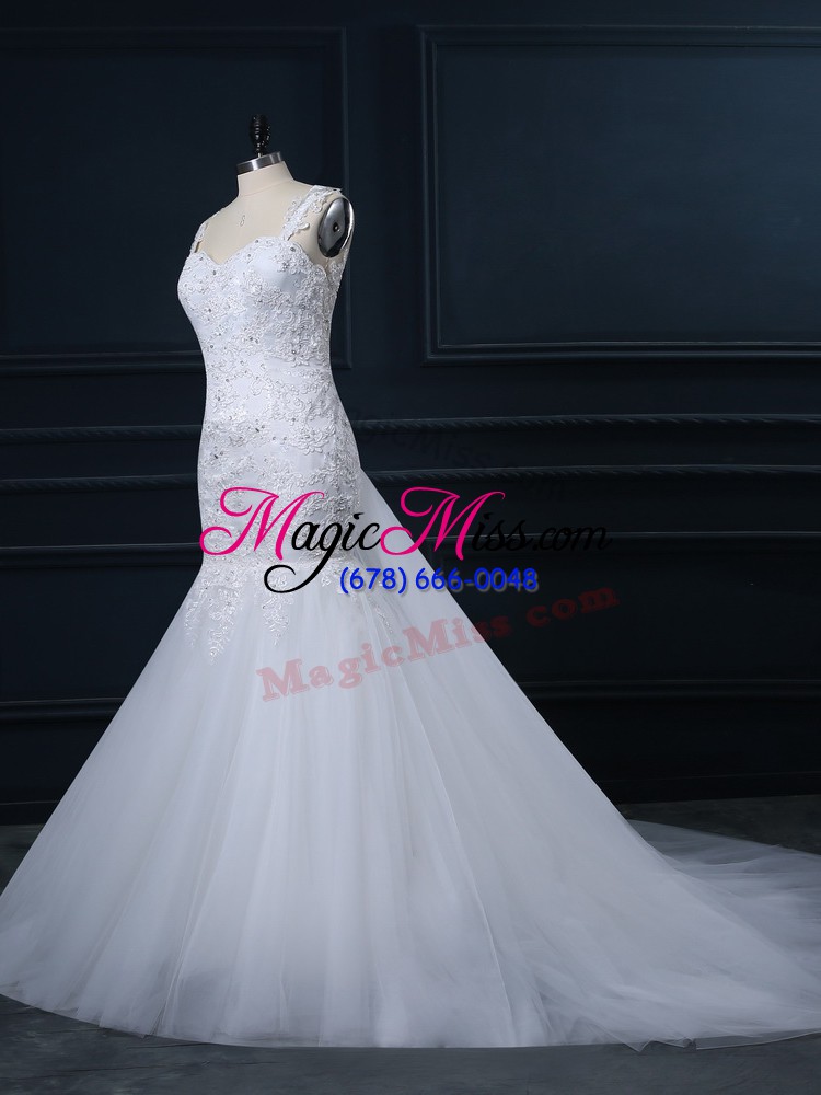wholesale white straps neckline lace wedding dress sleeveless side zipper