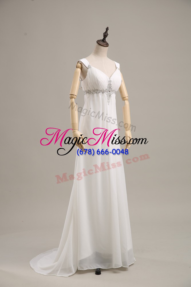 wholesale trendy white sleeveless chiffon brush train lace up dress for prom for prom and party and military ball and beach and wedding party