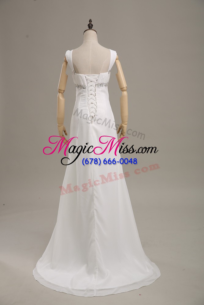 wholesale trendy white sleeveless chiffon brush train lace up dress for prom for prom and party and military ball and beach and wedding party