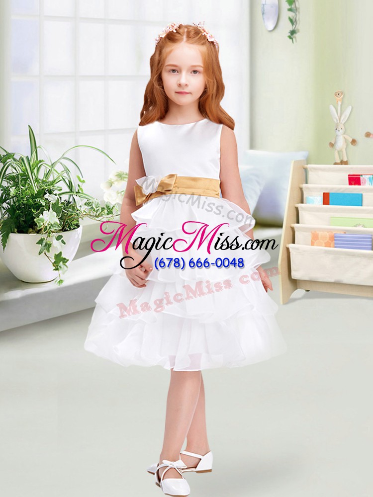 wholesale white scoop zipper ruffled layers and bowknot flower girl dress sleeveless