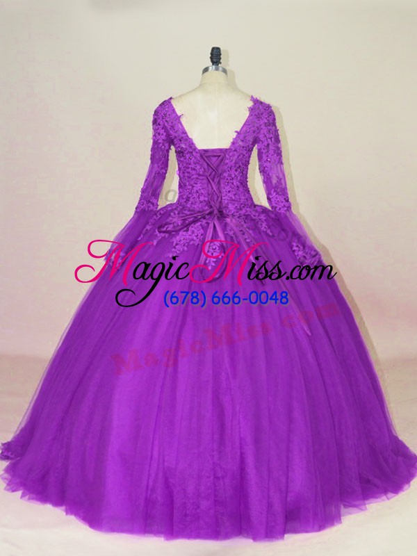 wholesale purple v-neck lace up appliques sweet 16 quinceanera dress long sleeves