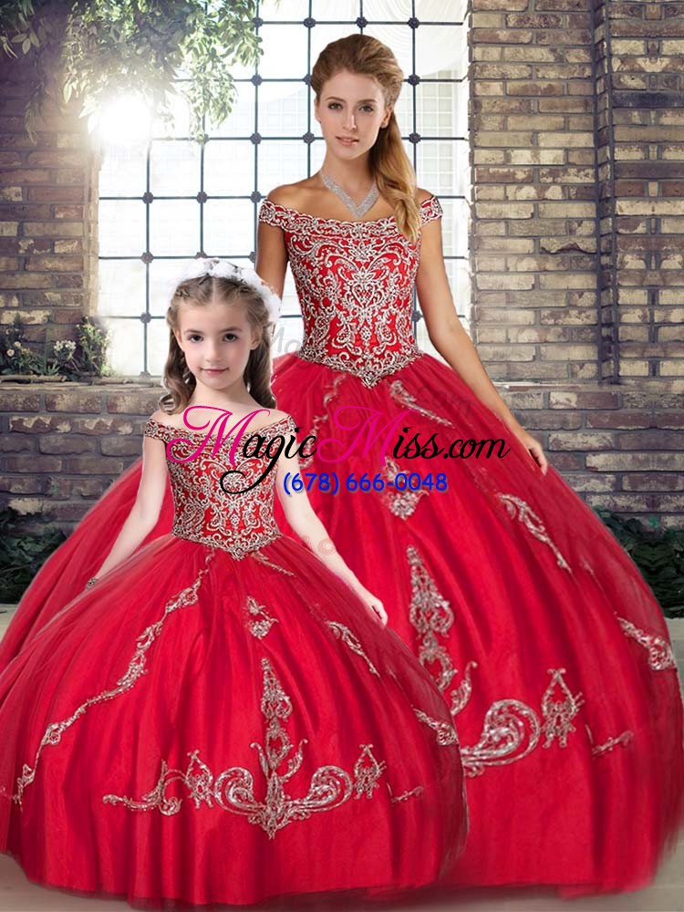 wholesale super off the shoulder sleeveless lace up sweet 16 quinceanera dress red tulle