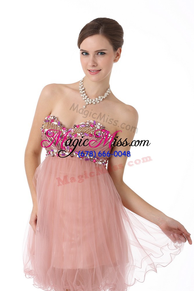 wholesale customized sleeveless mini length beading zipper dress for prom with pink
